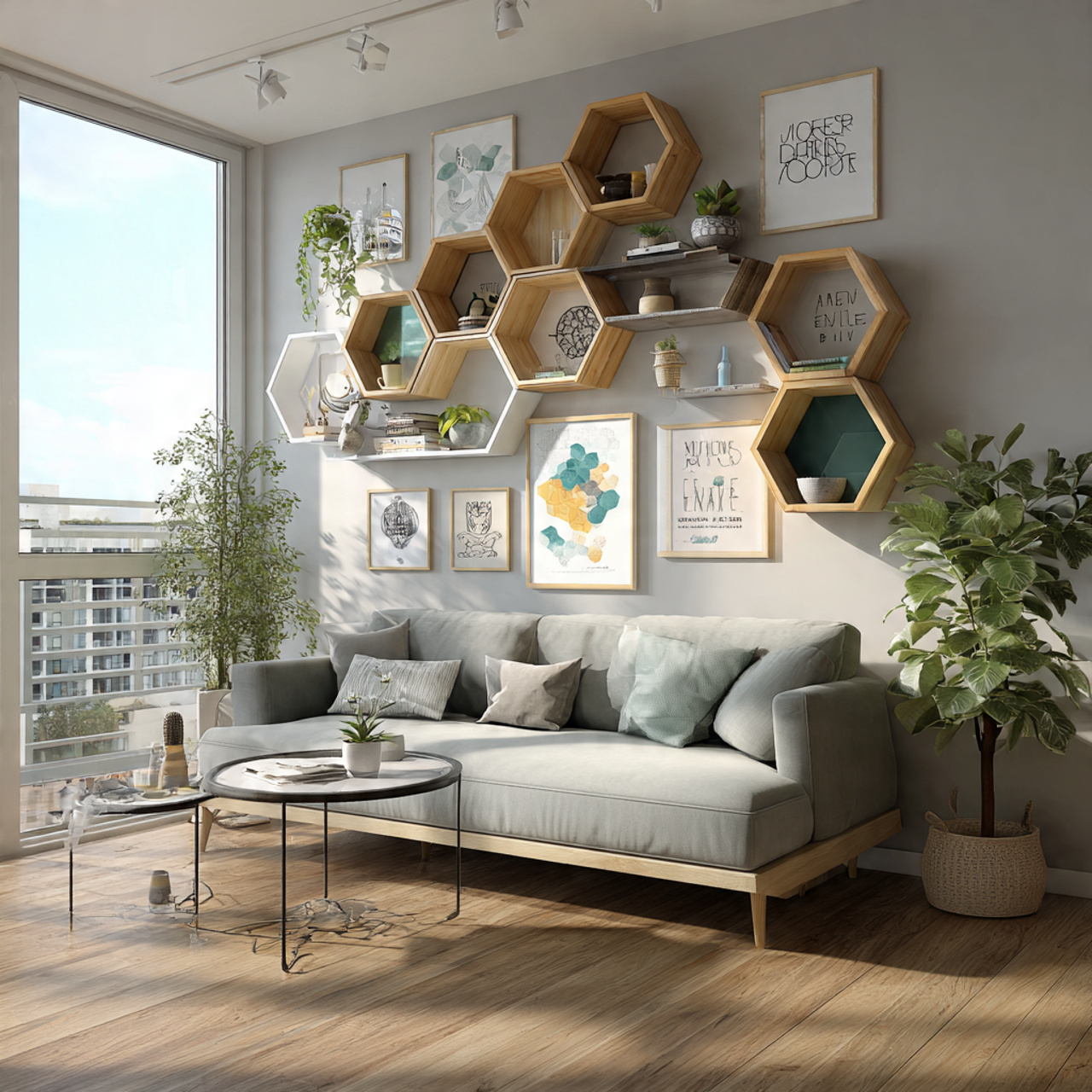 modern living room with floating geometric shelves 1