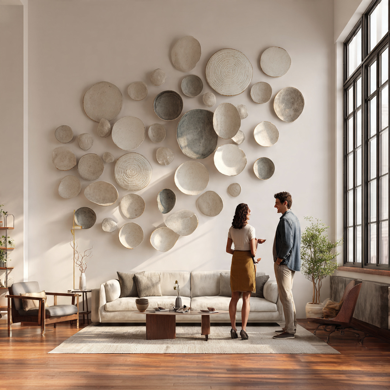 modern living room with sculptural ceramic wall in
