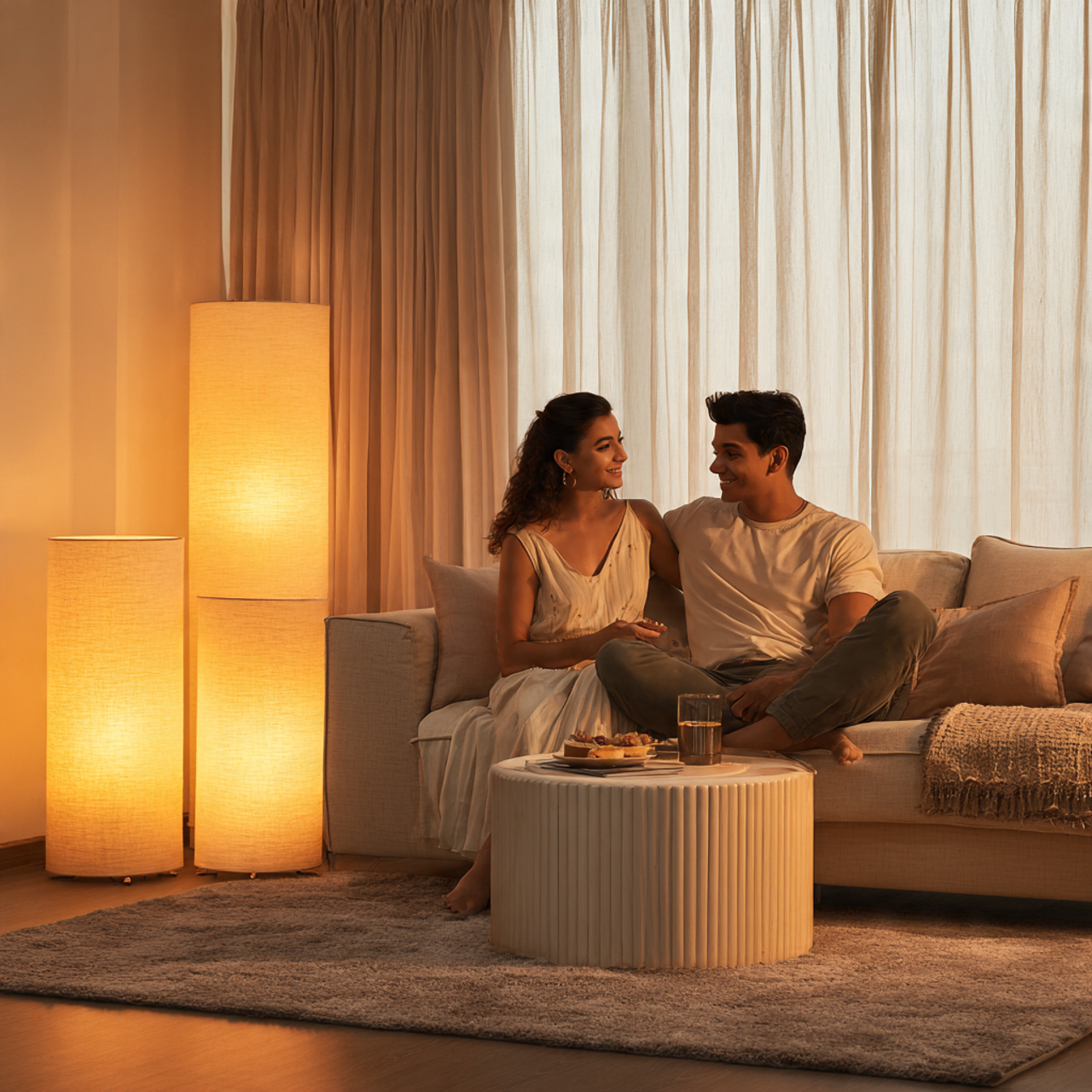 modern living room with soft diffused fabric shade