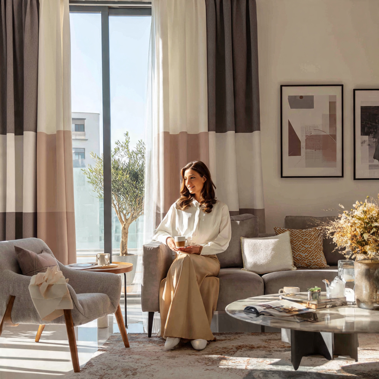 modern living room with two tone color block curta