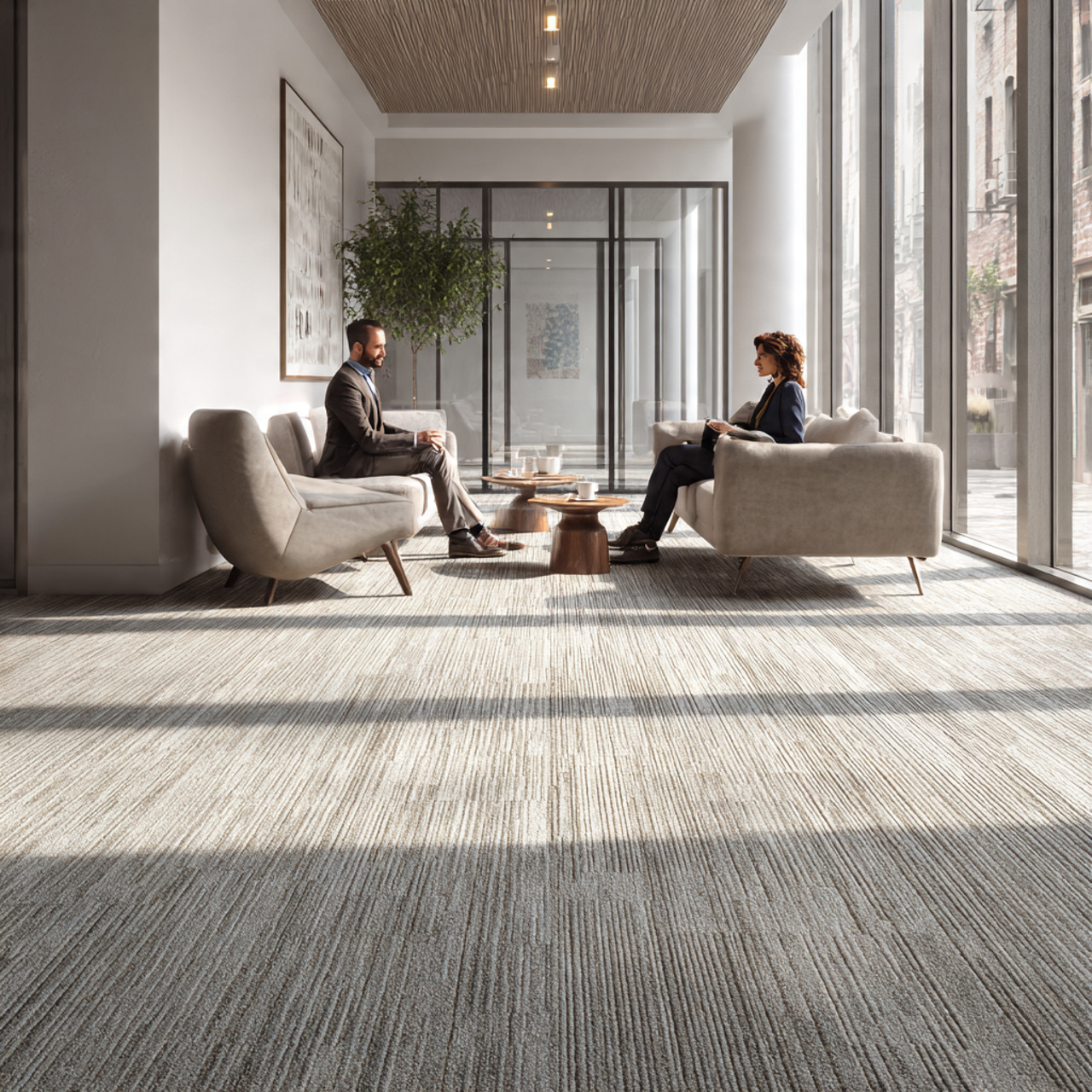 modern living room with two tone ribbed carpet alt