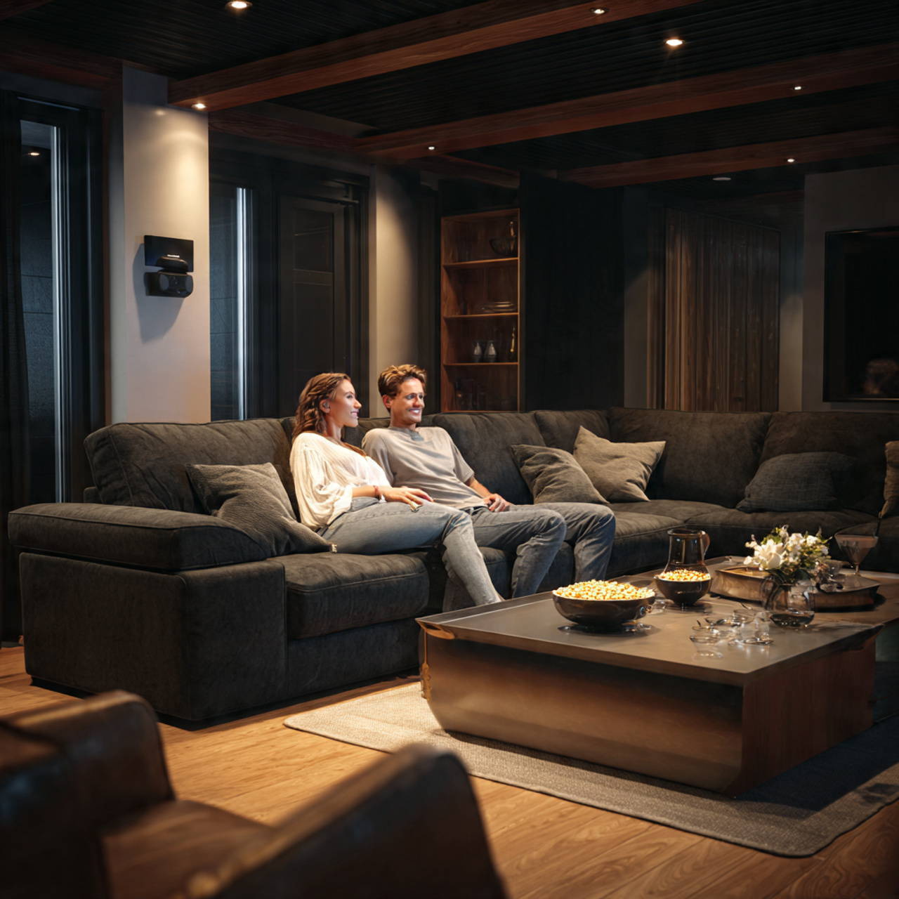 modern media focused living room with a moody char