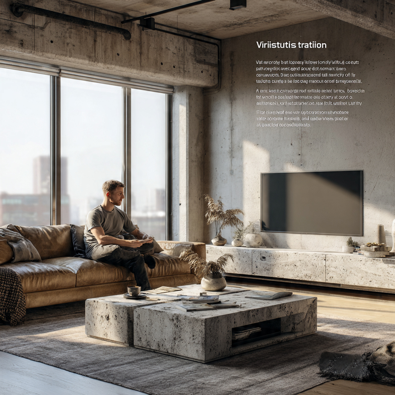 modern minimalist living room featuring a concrete