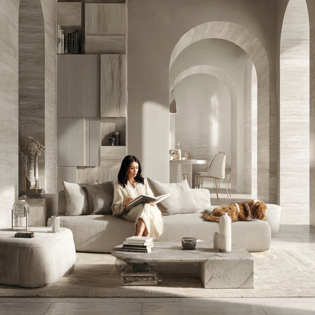 modern minimalist living room in soft shades of gr