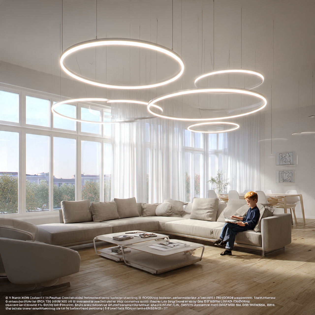 modern minimalist living room with floating circul