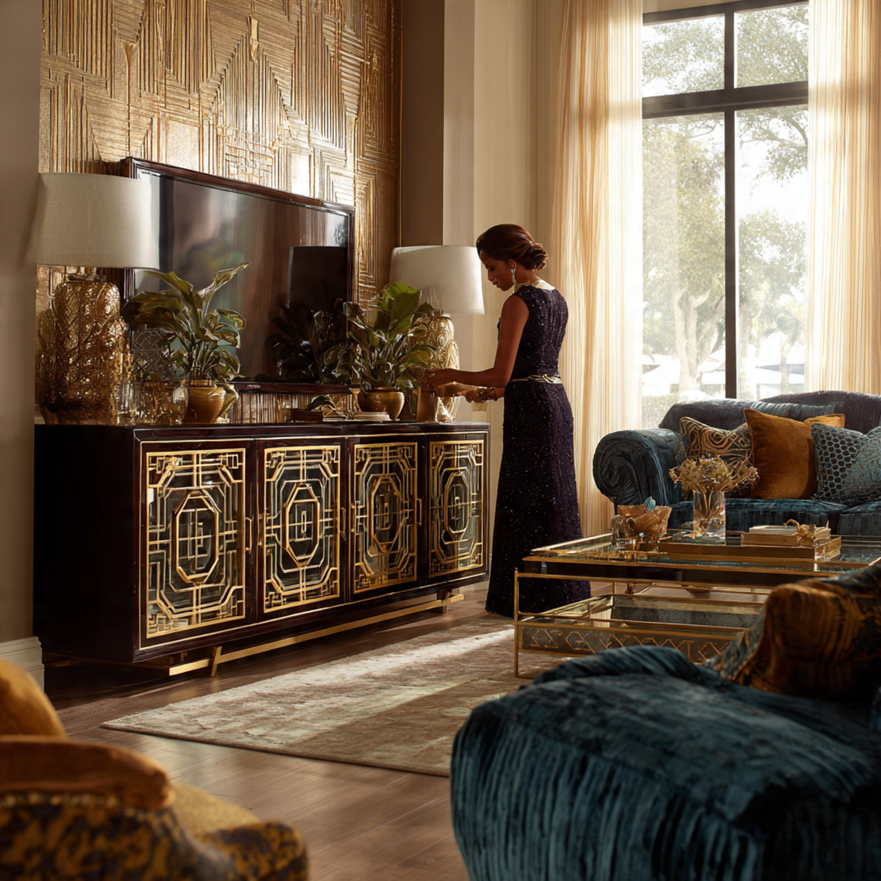opulent living room featuring a gold inlay art dec