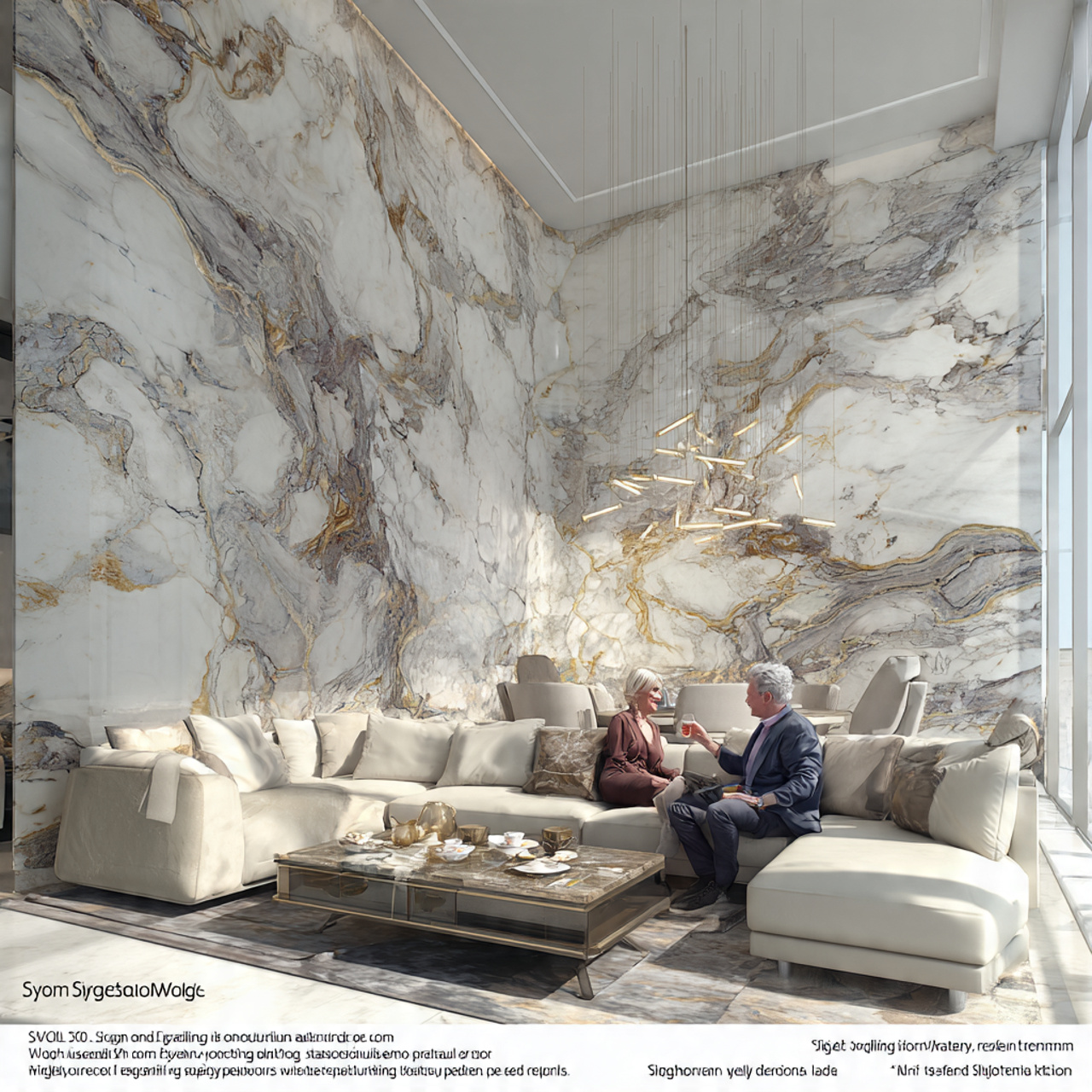opulent living room with a luxury marble slab feat