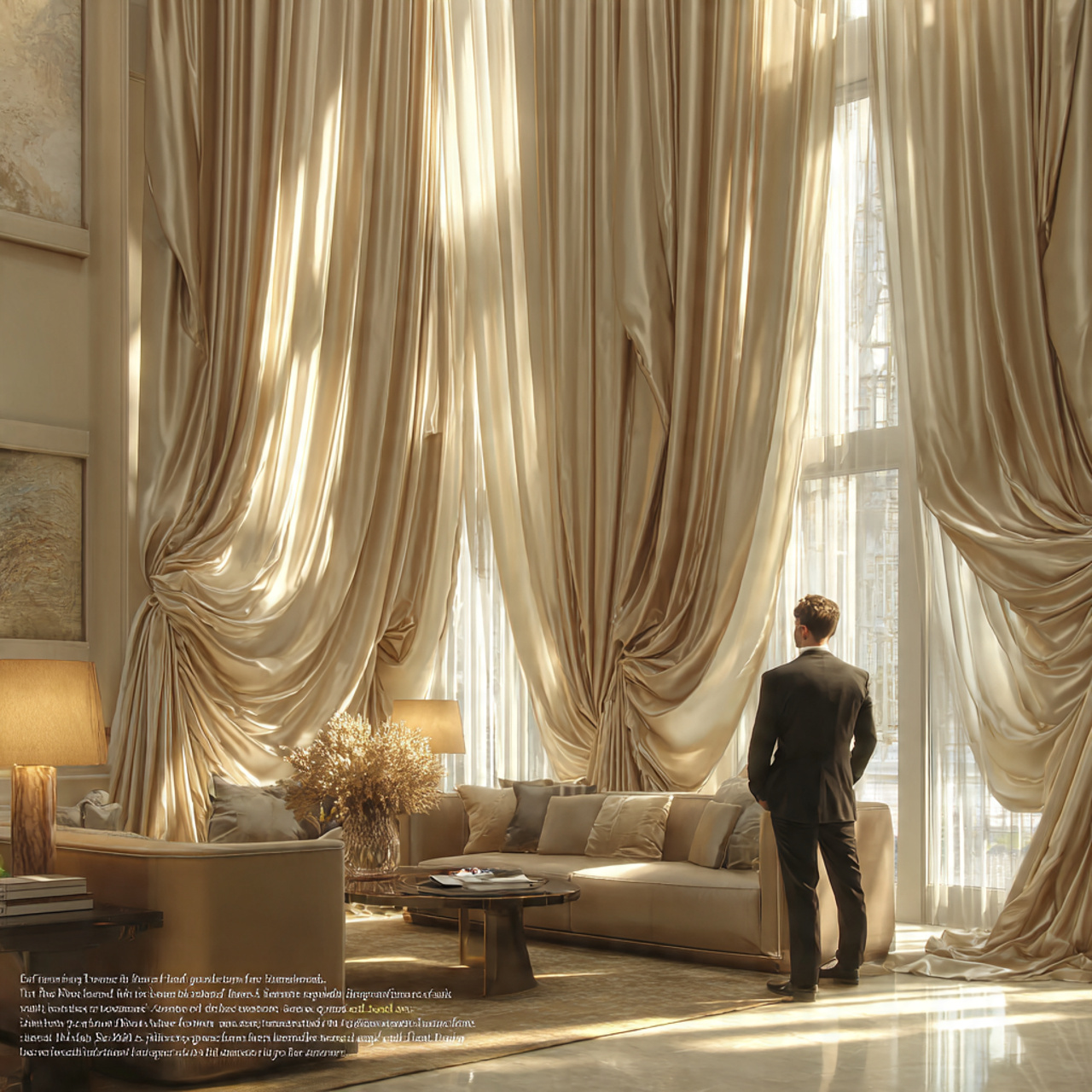 opulent living room with luxurious silk puddle dra