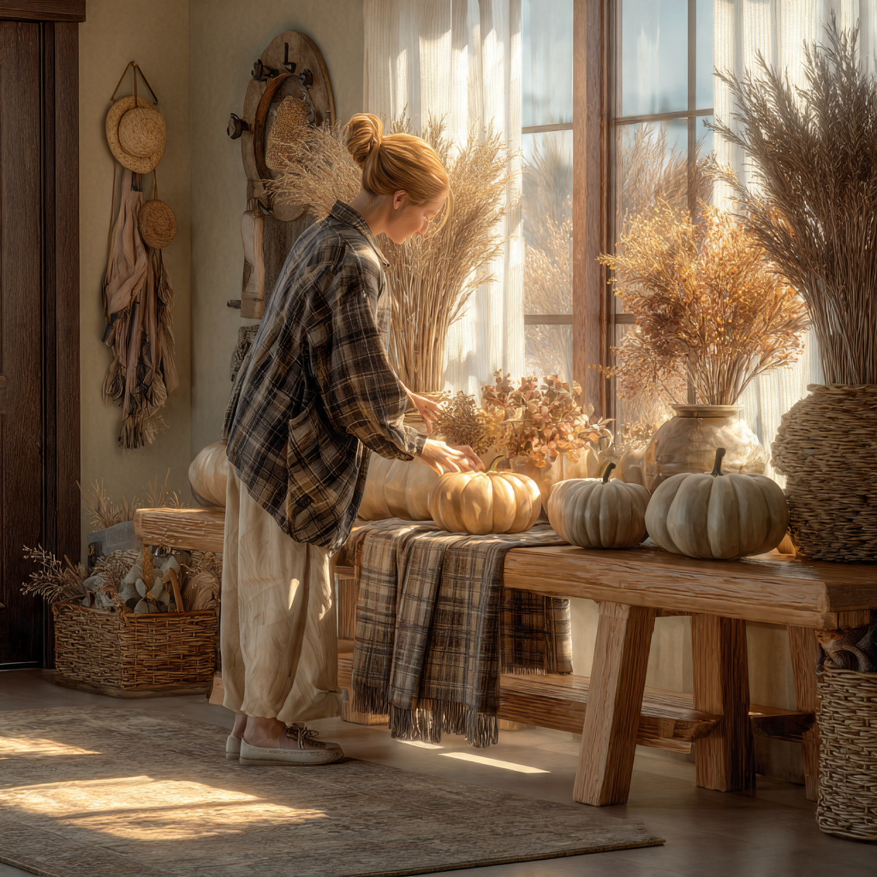 photorealistic entryway featuring a wooden bench d