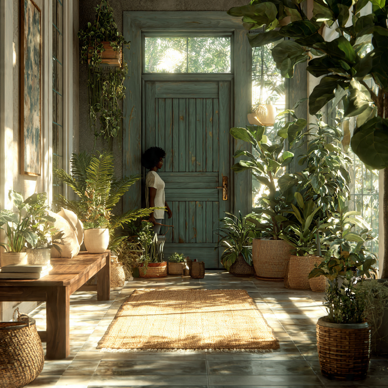 photorealistic entryway featuring a wooden bench s