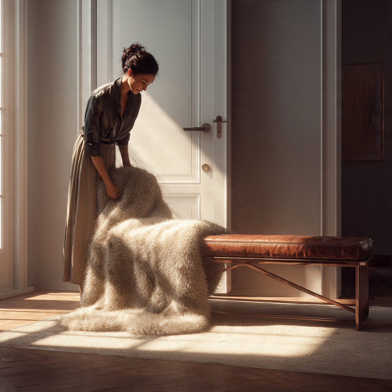 photorealistic entryway showcasing a leather bench
