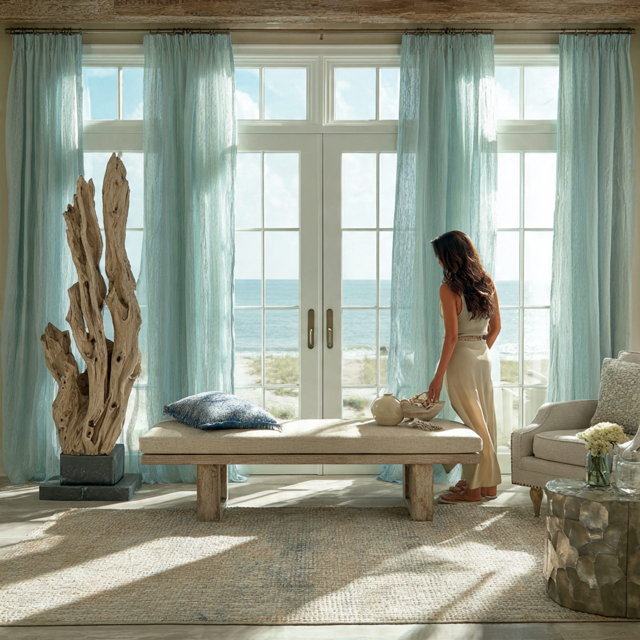 photorealistic entryway showing a coastal style be
