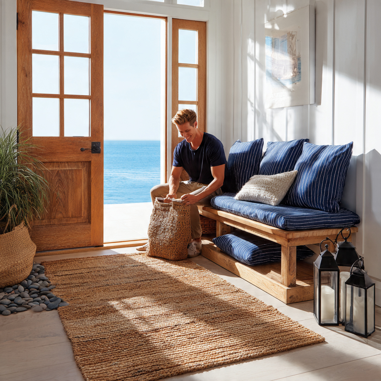 photorealistic entryway with a bench featuring nav