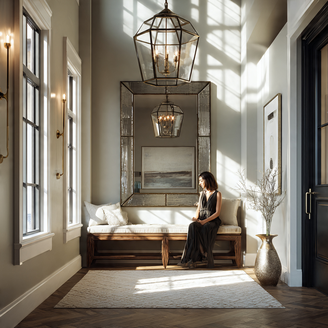 photorealistic entryway with a large oversized mir