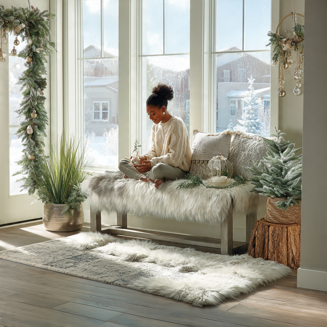 photorealistic entryway with a white or silver ben