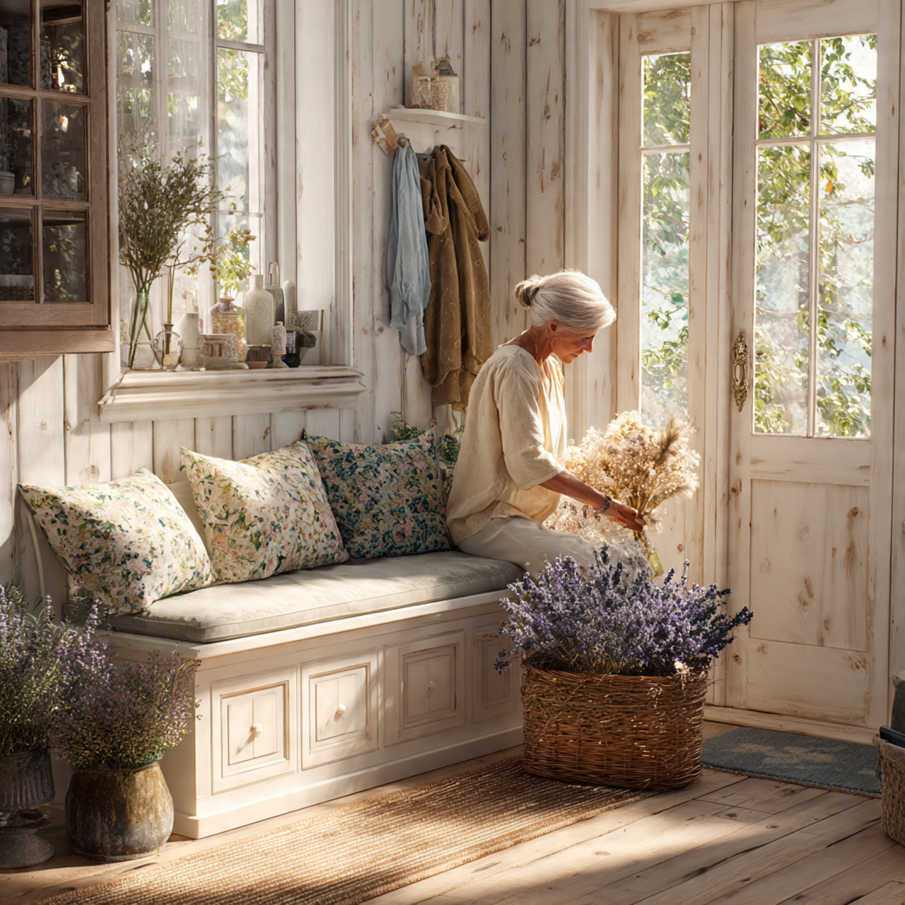 photorealistic entryway with a white washed wooden