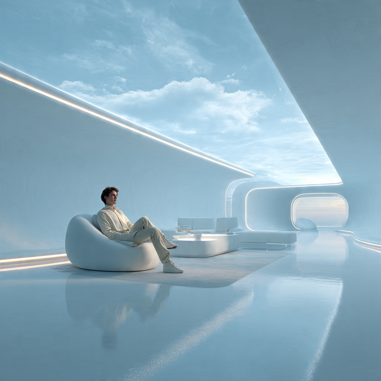 photorealistic futuristic living room with a backl