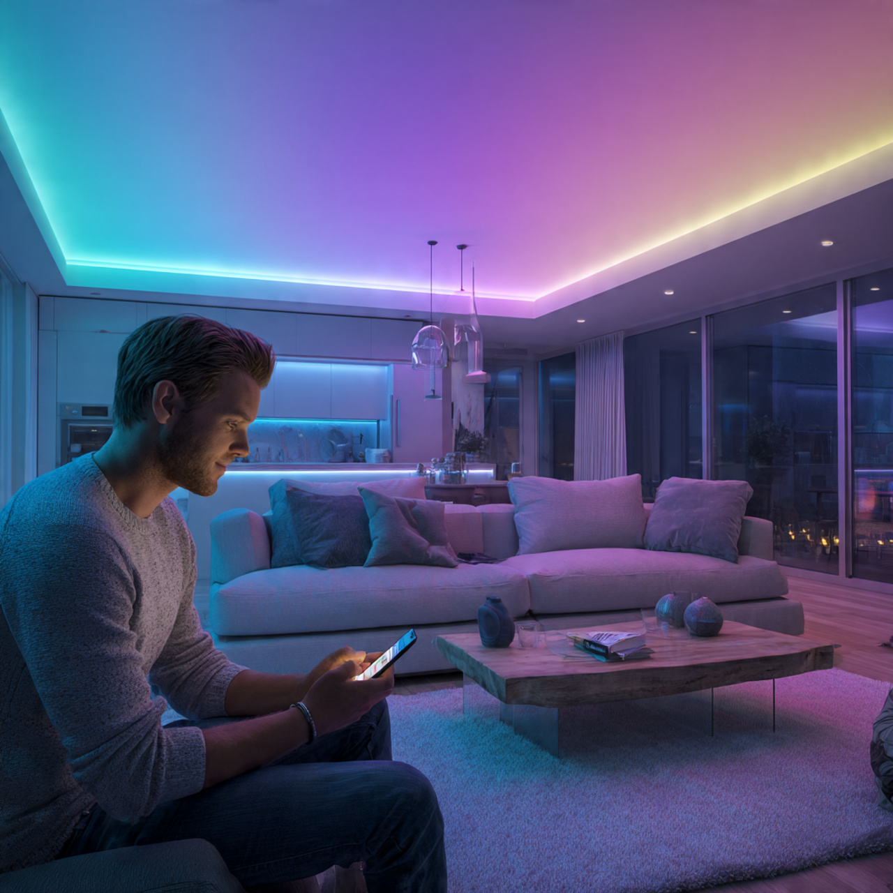 photorealistic futuristic living room with a false