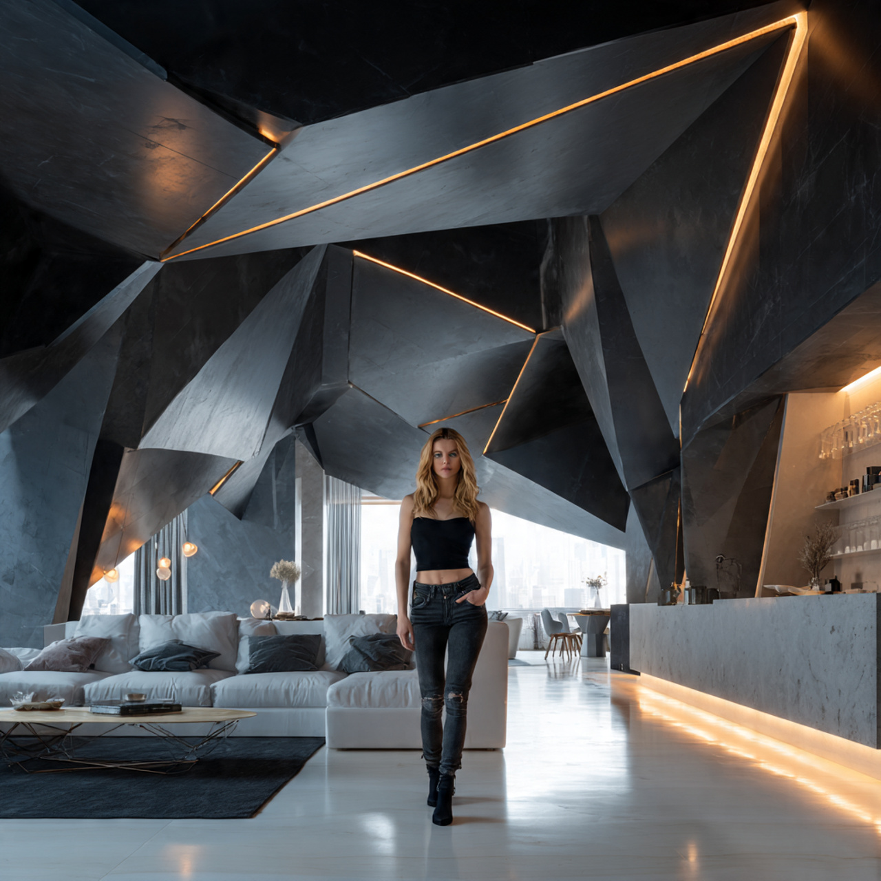 photorealistic futuristic living room with an asym