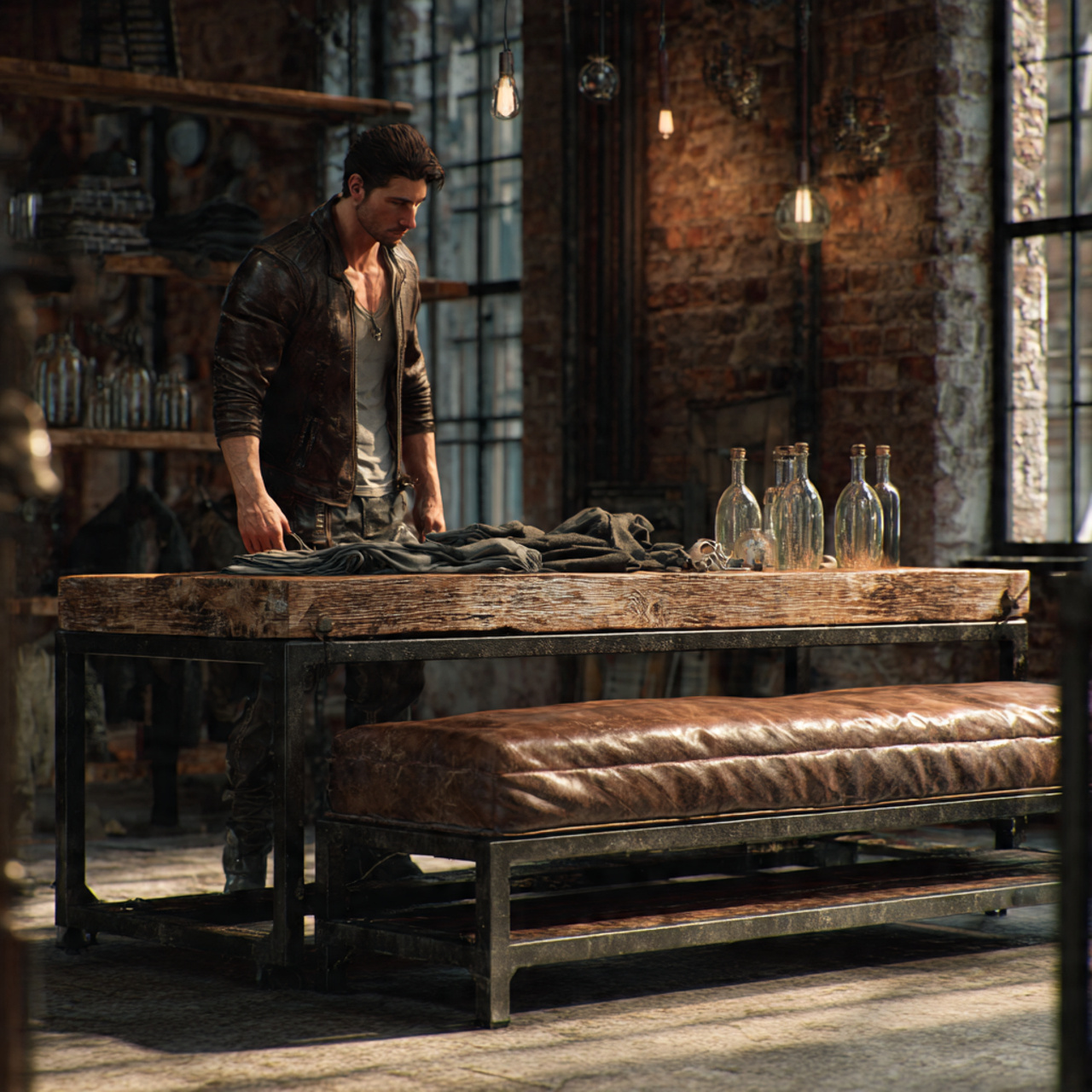 photorealistic industrial style entryway featuring