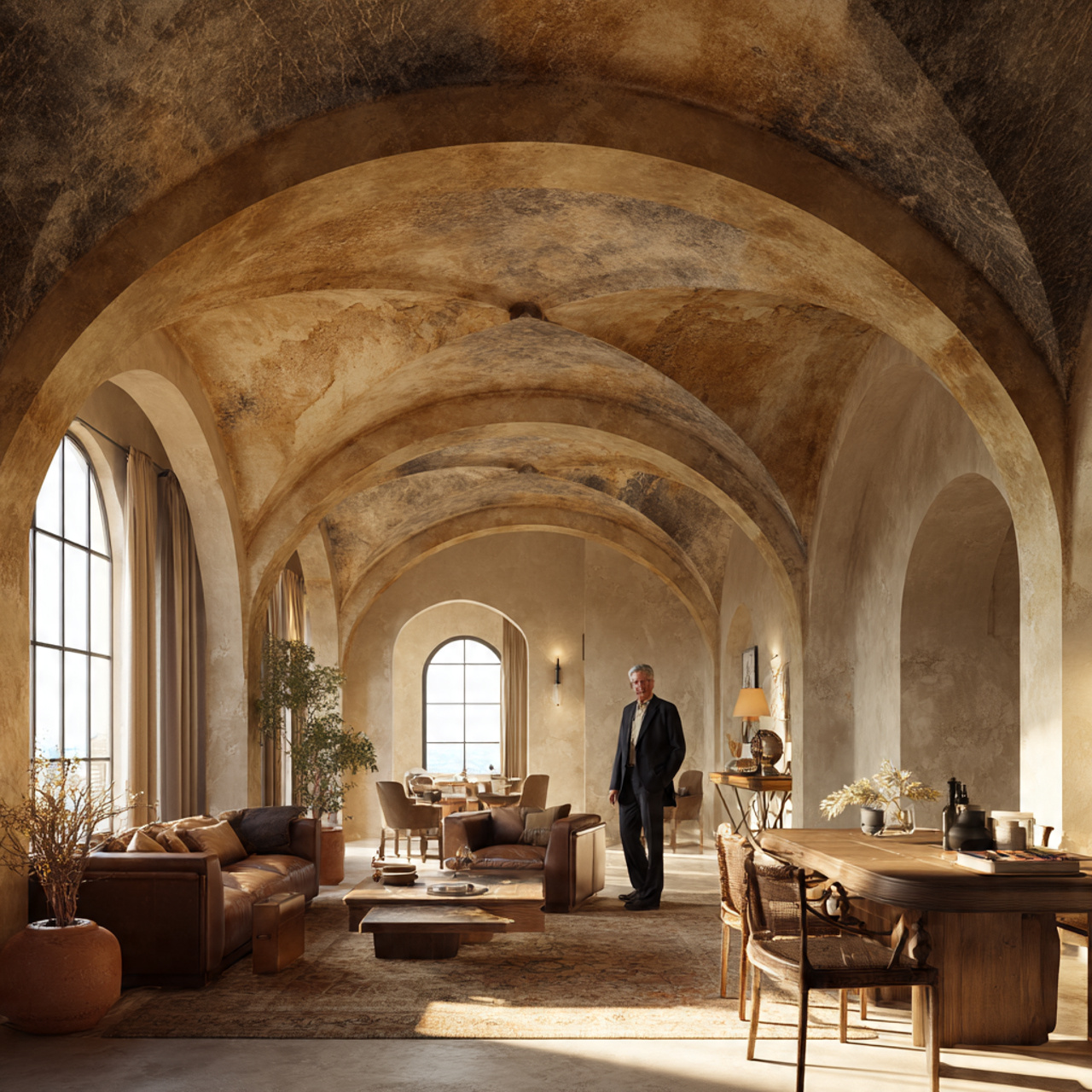 photorealistic living room with a vaulted false ce