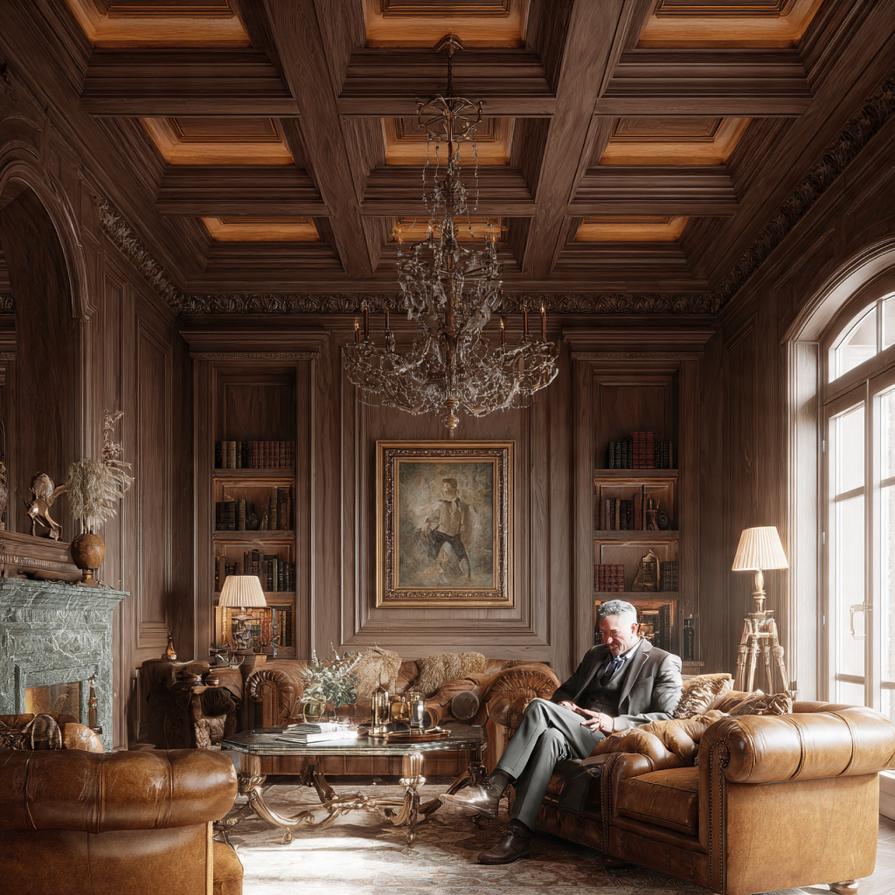 photorealistic luxurious living room with a coffer