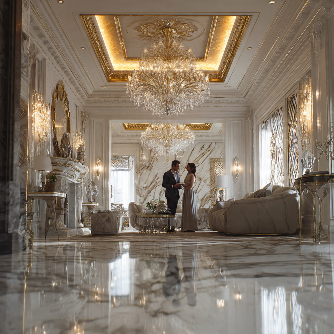 photorealistic luxury living room with a recessed