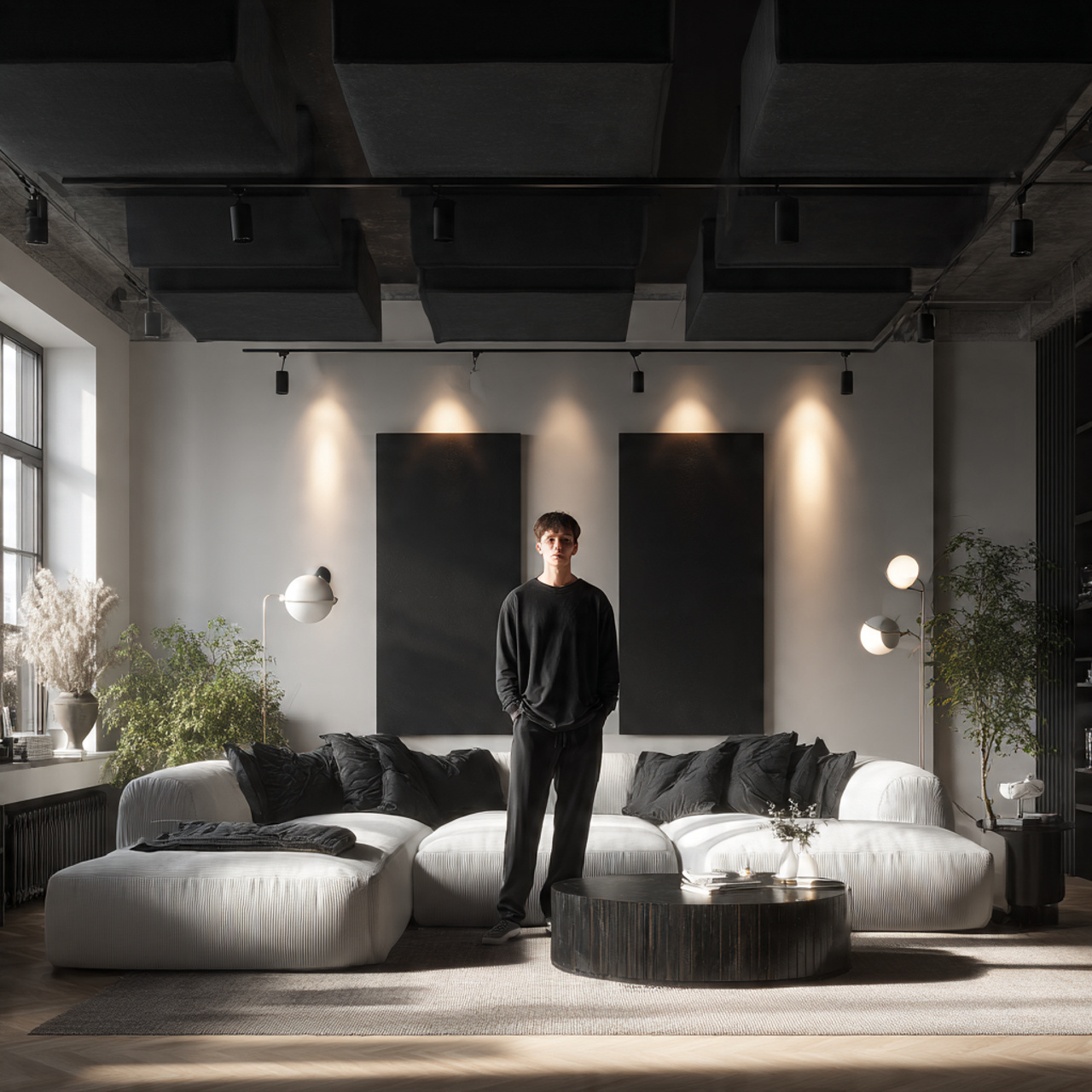 photorealistic modern living room with a bold blac