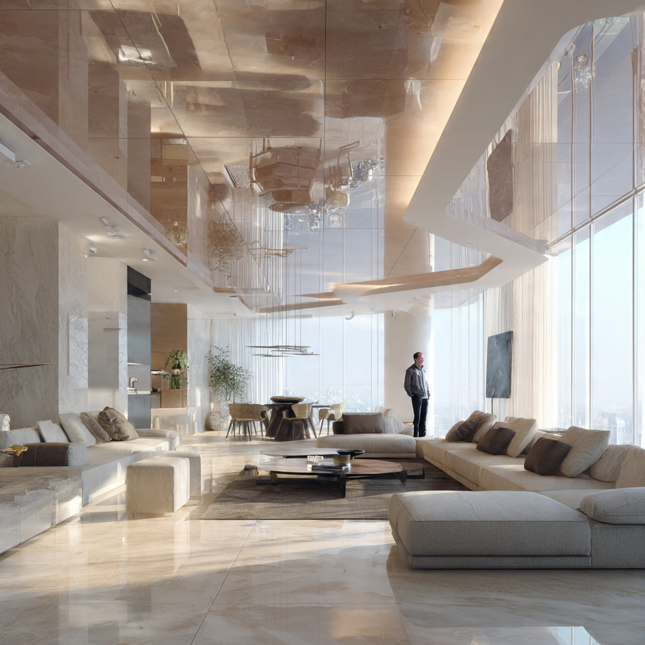 photorealistic modern living room with a mirrored