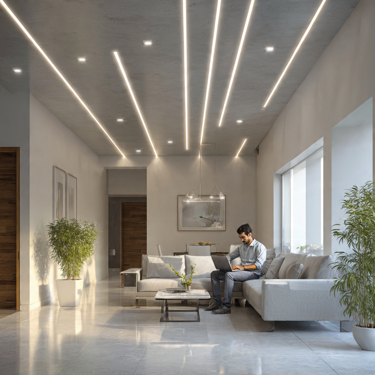 photorealistic modern living room with a sleek fal