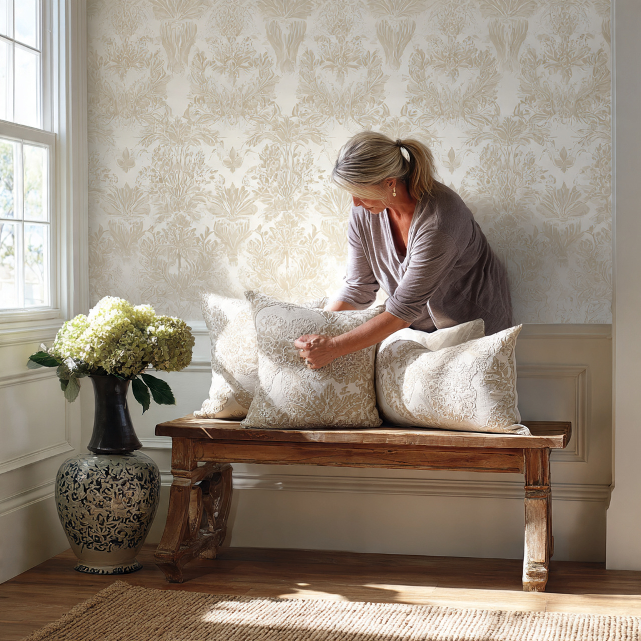 photorealistic traditional entryway featuring a wo