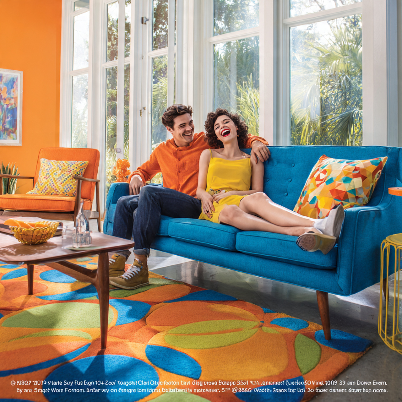 playful retro inspired living room with bold color