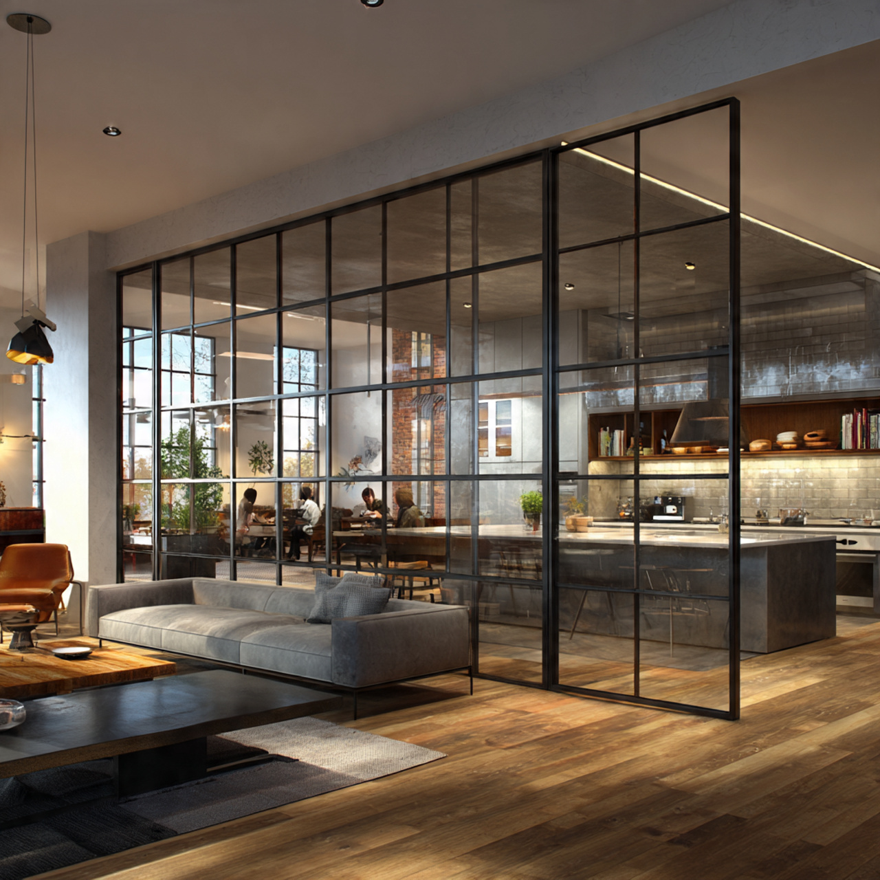 prompt a contemporary living room and kitchen toge