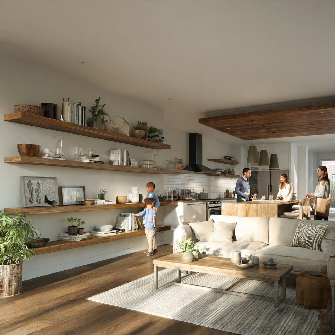 prompt a modern living room and kitchen together i 1