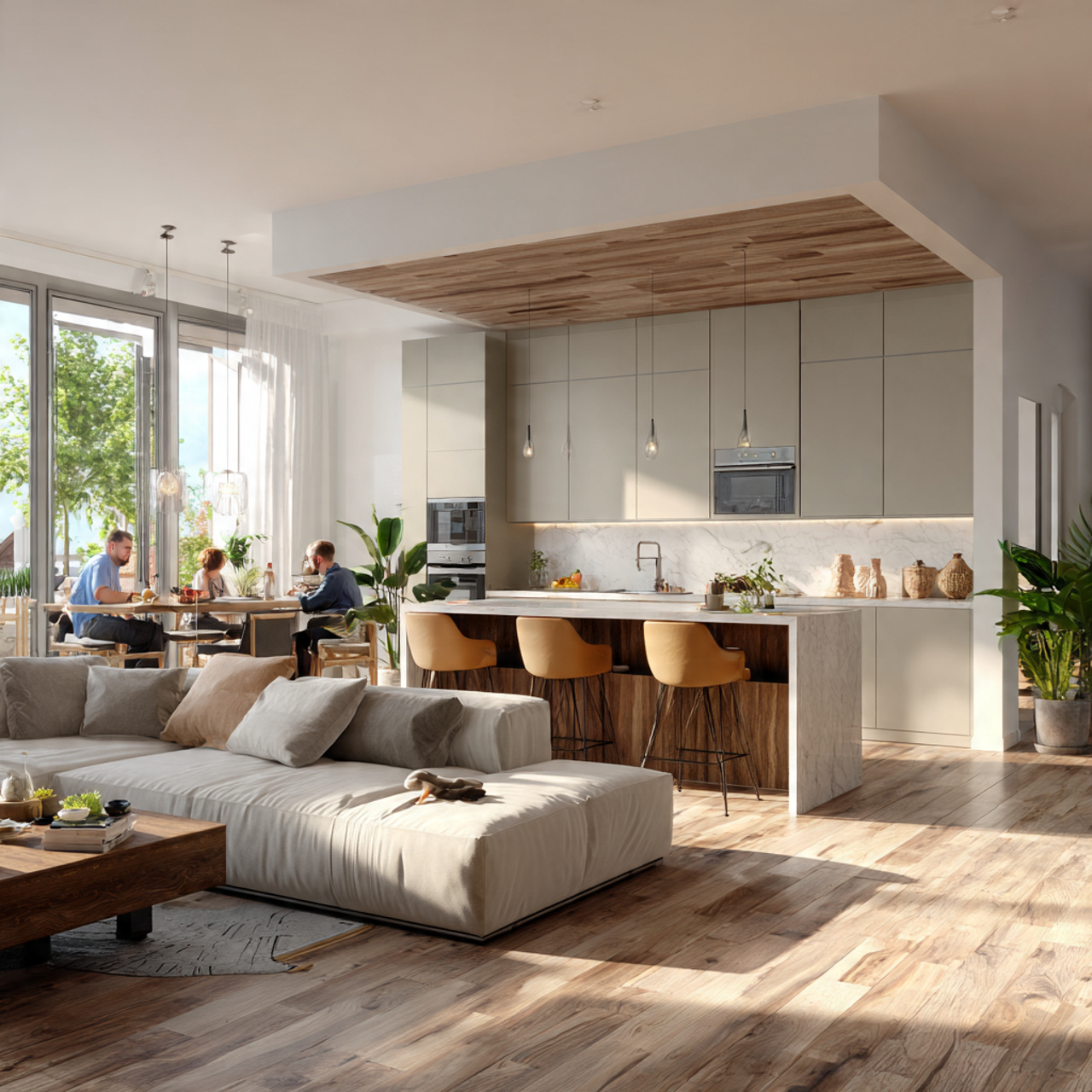 prompt a modern living room and kitchen together i 2
