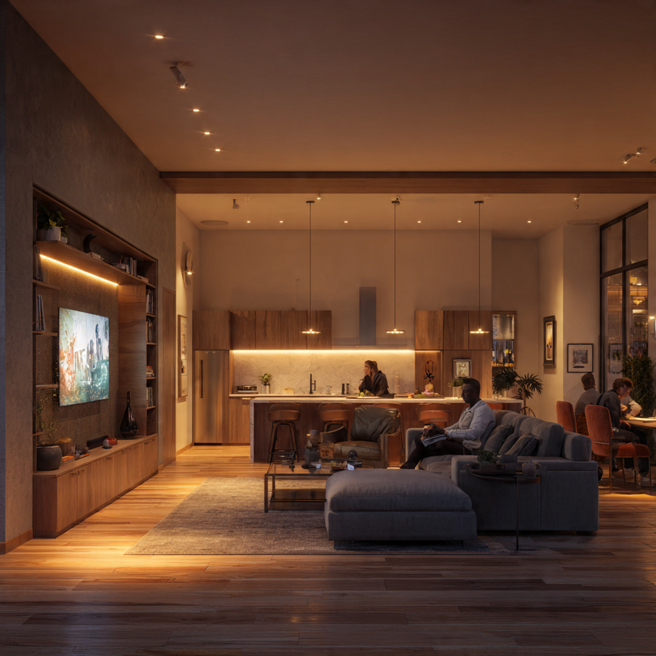 prompt a modern living room and kitchen together i 3