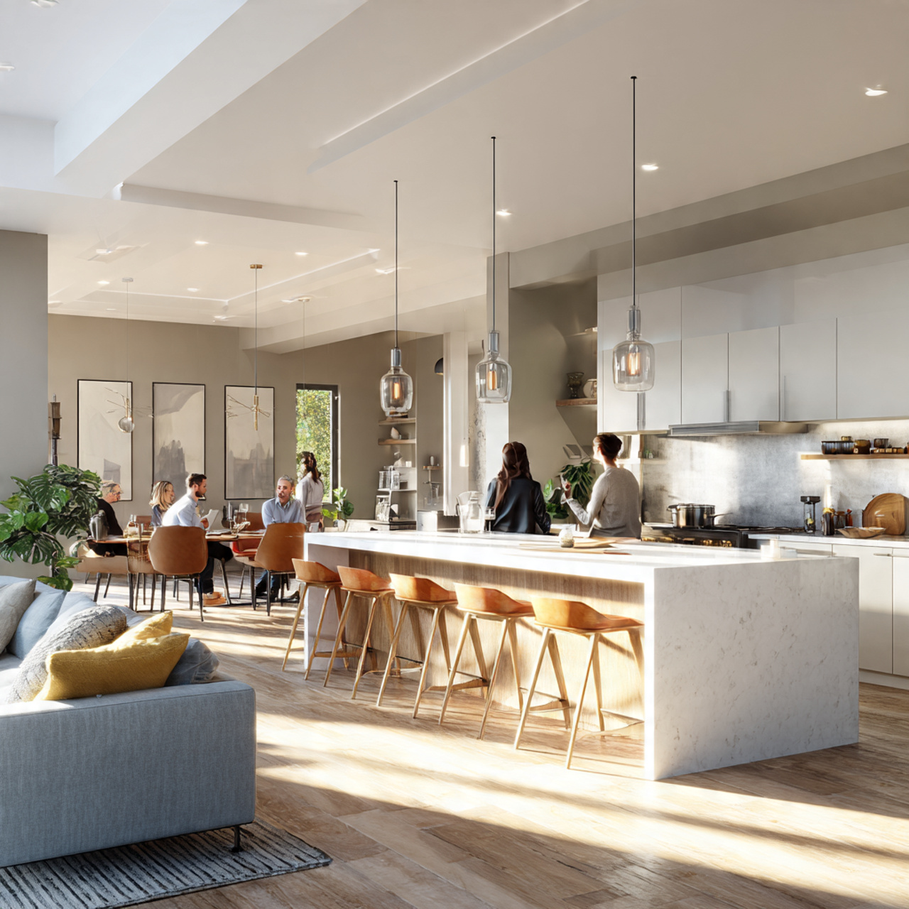 prompt a modern living room and kitchen together i