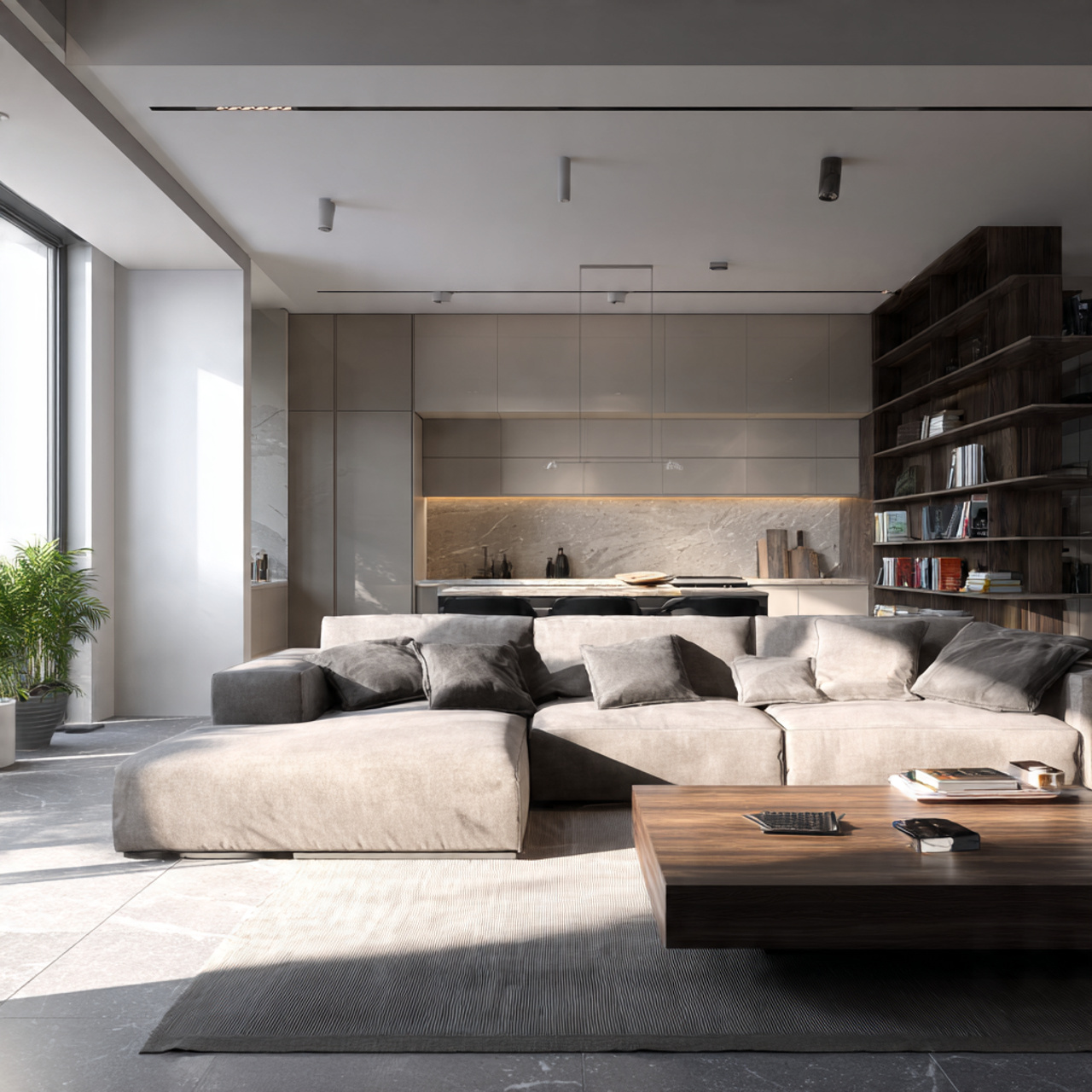 prompt a sleek modern living room and kitchen toge