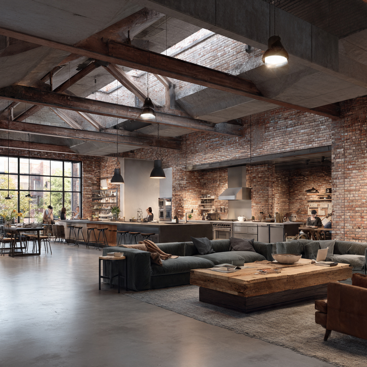 prompt a spacious industrial loft living room and