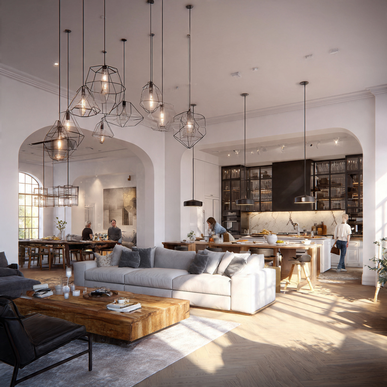 prompt a stylish living room and kitchen together