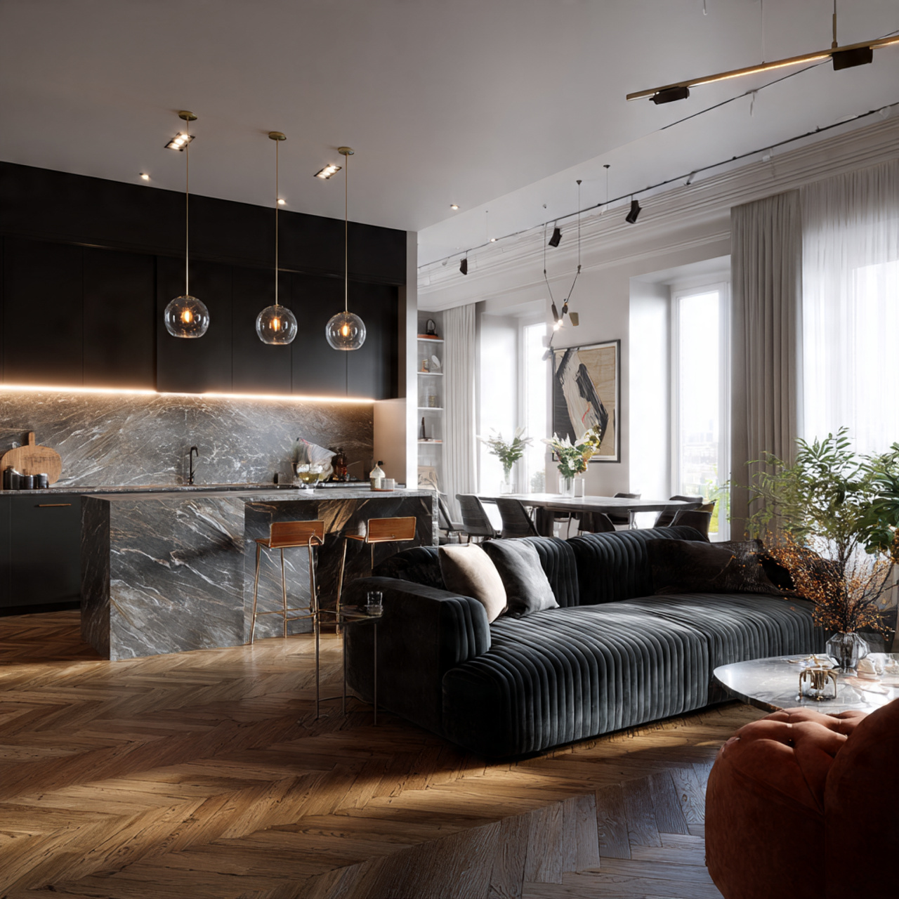 prompt a stylish living room and kitchen together 1