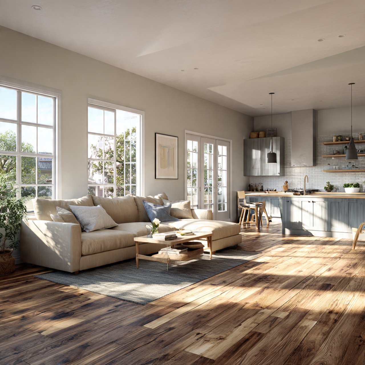 prompt a unified living room and kitchen together