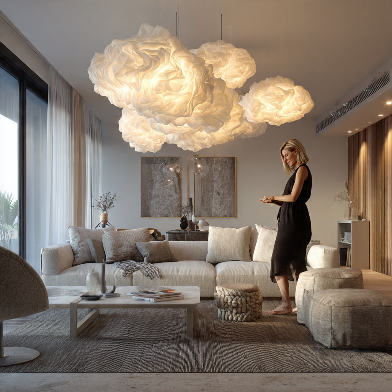 realistic apartment interior with statement lighti