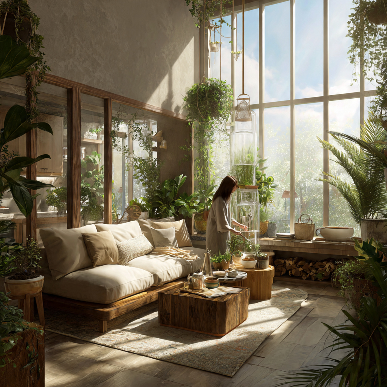realistic apartment living room showcasing biophil