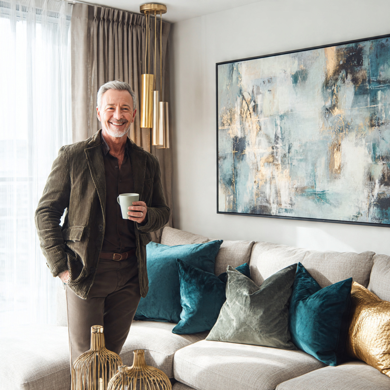 realistic apartment living room showcasing velvet