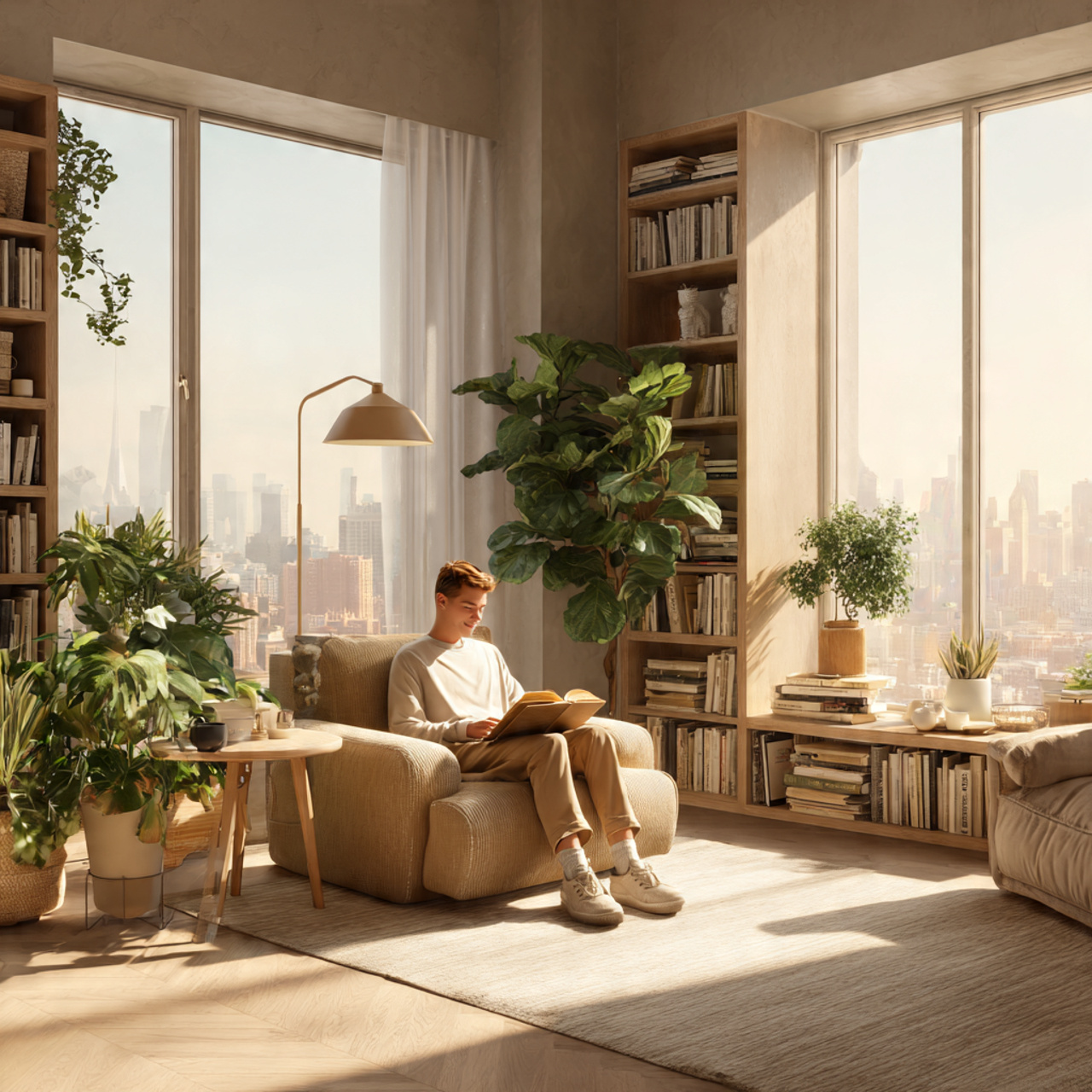 realistic apartment living room with sun drenched
