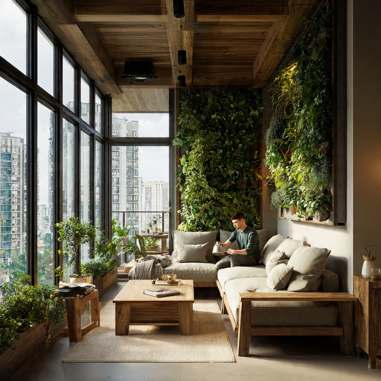 realistic apartment living room with vertical indo