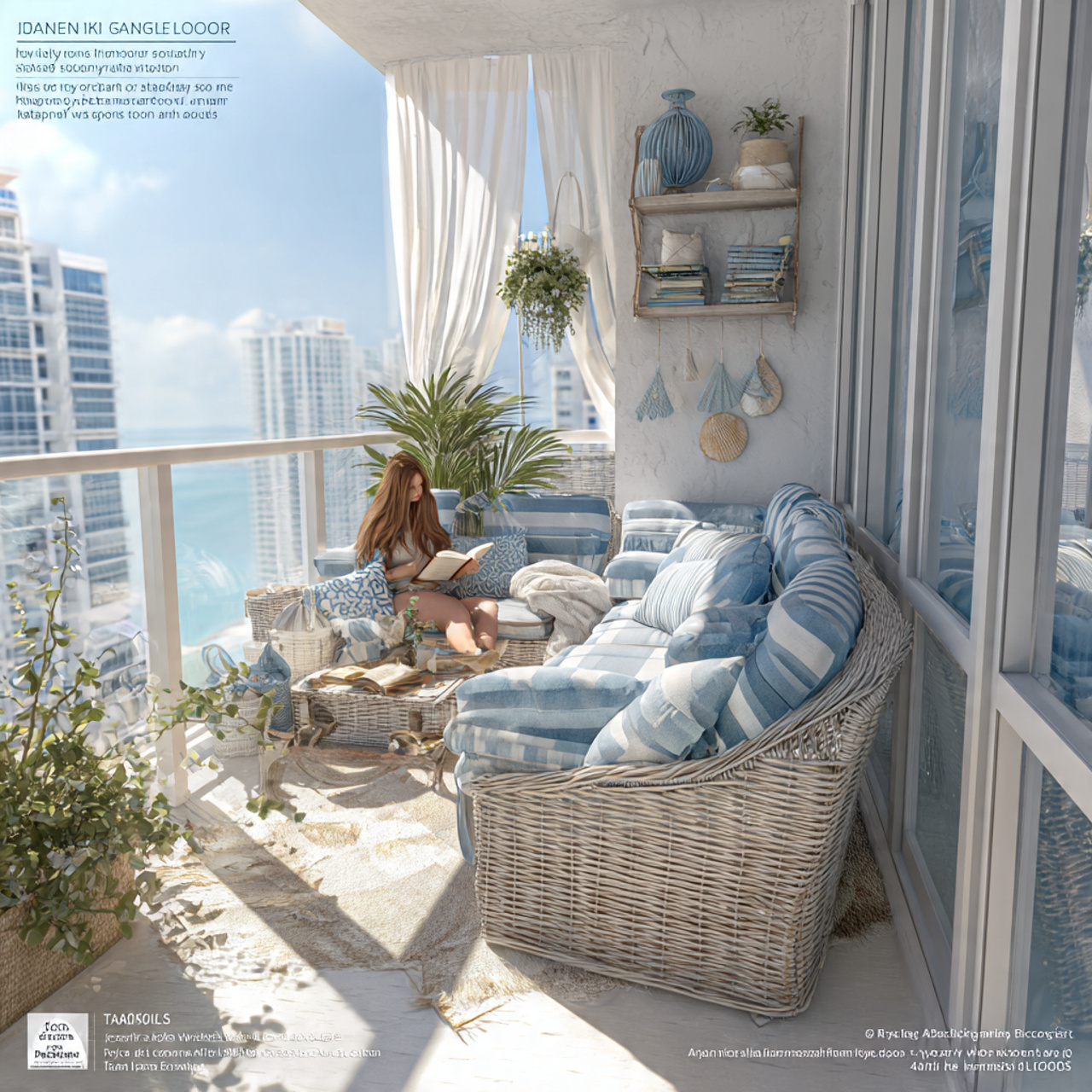 realistic balcony decorated in a coastal blue and