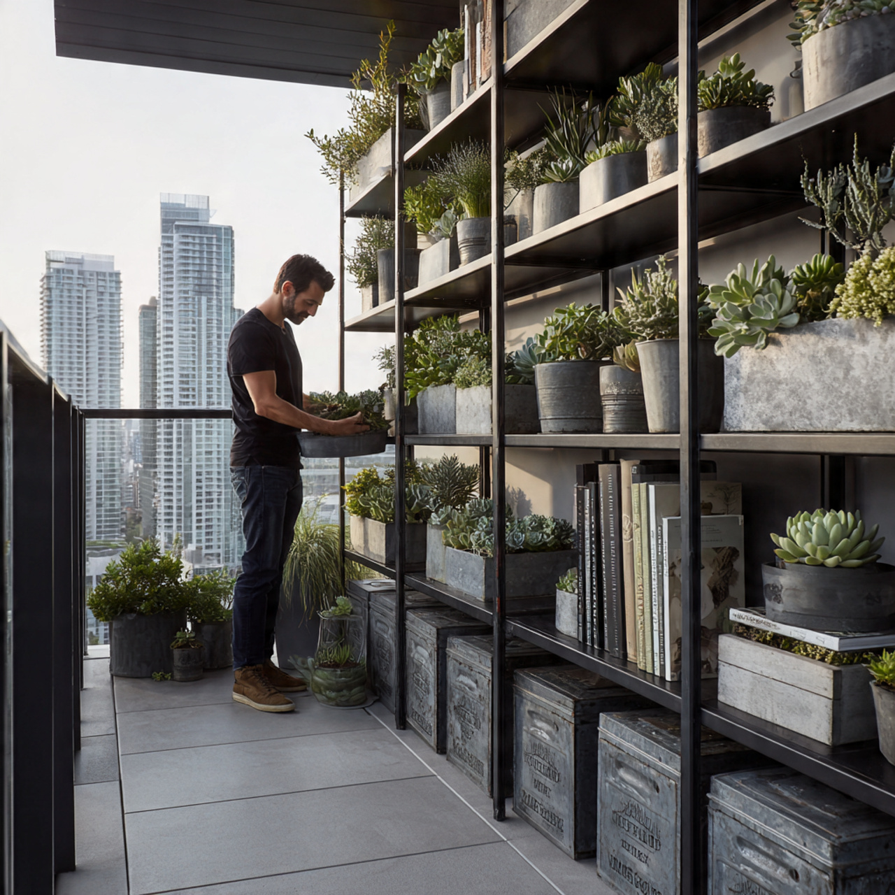 realistic balcony featuring industrial metal shelv