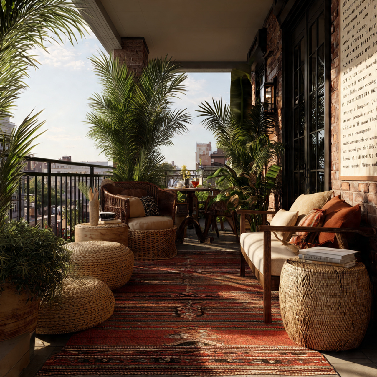 realistic balcony scene with a bold patterned outd